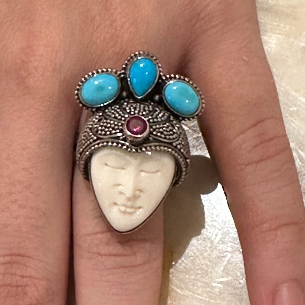 Artisan 925 sterling Silver Ring with Turquoise and Ruby real